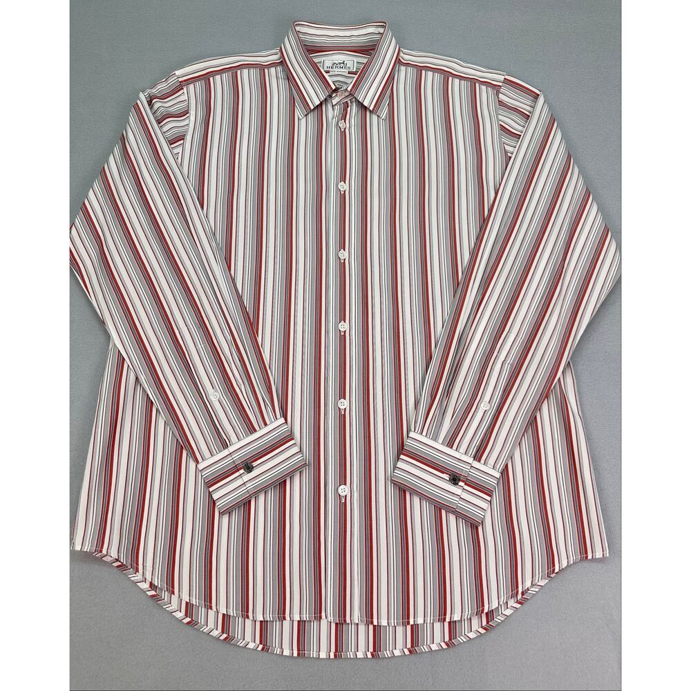 Vintage Hermès Red & Gray Striped Cotton Designer Dress Shirt Size 16/41 (L) - Picture 4 of 11